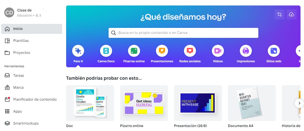 Captura de pantalla de la pantalla de inicio en Canva