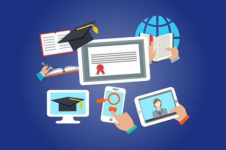 Ilustraciones de distintos dispositivos utilizados en el ámbito educativo como tabletas, móviles, portátiles y libros